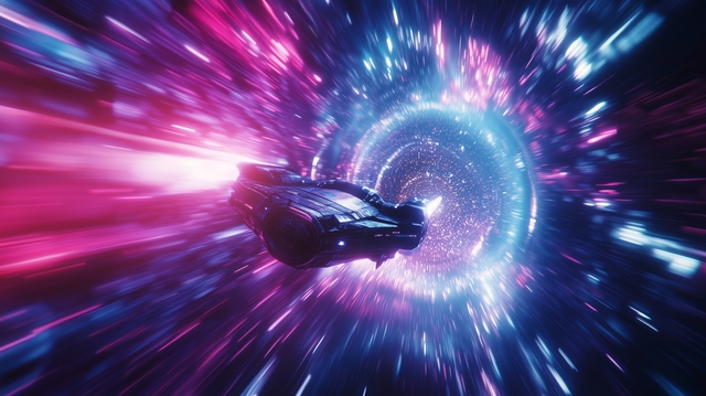 A sleek spaceship travels through a vibrant wormhole surrounded by swirling energy and colorful light effects in deep space